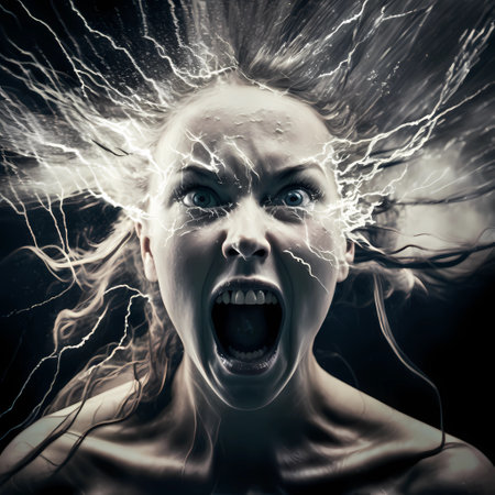 Head of woman screaming with lightning boltsの素材