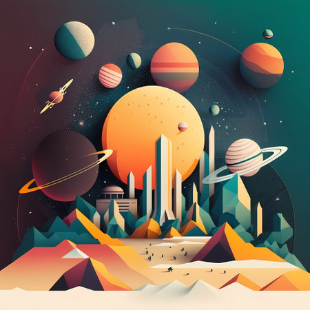 Urban landscape of future city under planets in night skyの素材