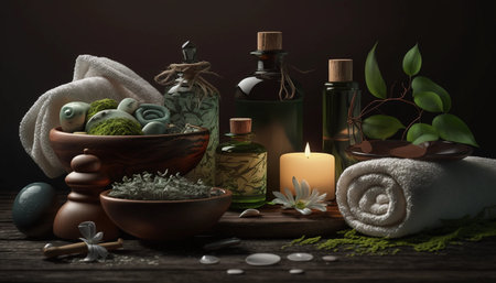 Spa accessories with towels, aromatic oil, stones, plants and candlesの素材