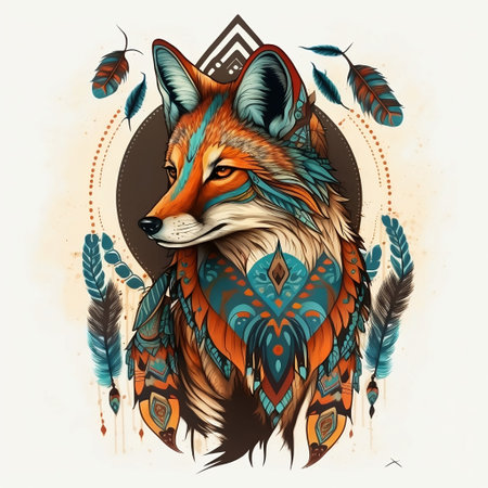 Colored wild red fox head graphic totem with Indian patternの素材