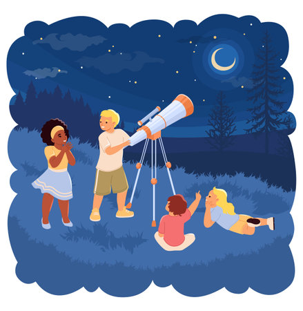 Little children looking through telescope into starry skyのイラスト素材