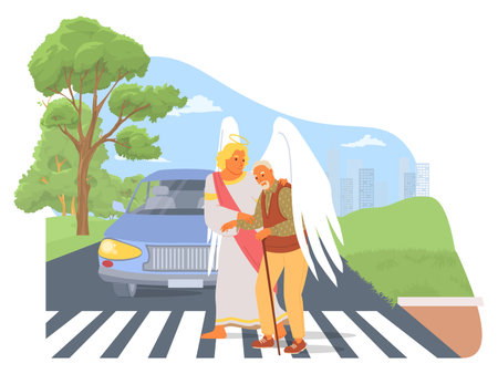 Guardian angel helping senior man with walk stick across roadのイラスト素材