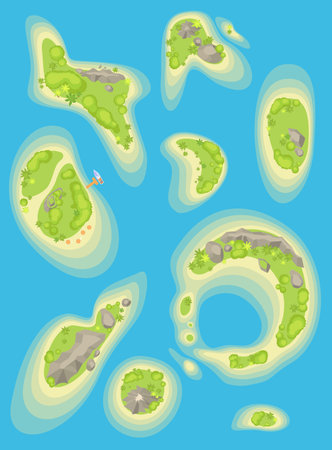 Aerial eye view on different islands in water surface of oceanのイラスト素材
