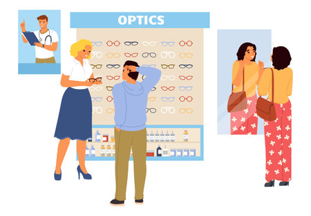 People choosing eyesight glasses at optics storeのイラスト素材