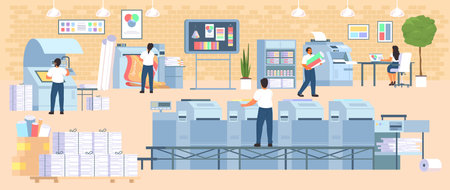 Polygraphy industry with various type of printing machine vector illustrationのイラスト素材