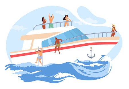 Happy people enjoying rest on yacht vessel vector illustrationのイラスト素材