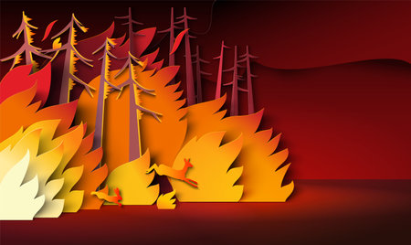 Forest on fire and deer escaping blazing flames papercut vector illustrationのイラスト素材