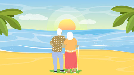 Senior old loving couple looking at sunset during romantic dating on seasideのイラスト素材