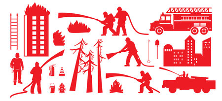 Firefighter, fire engine and burning forest, house red silhouette setのイラスト素材