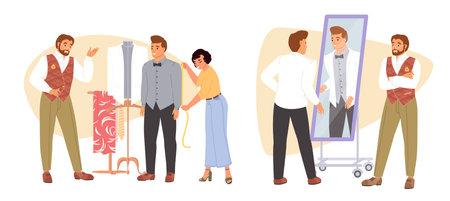 Professional tailor sewing wedding suite for groomのイラスト素材