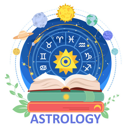 Astrology science poster with zodiac circle on stack of bookのイラスト素材