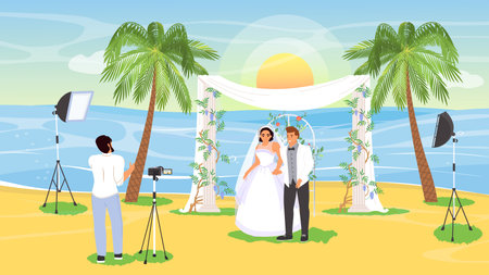 Photo shoot of wedding at tropical seacoast vector illustrationのイラスト素材