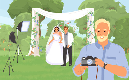 Wedding photo shoot concept with photographer and happy married coupleのイラスト素材