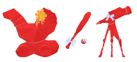 Different presents covered with red wrapping paper or cloth setのイラスト素材