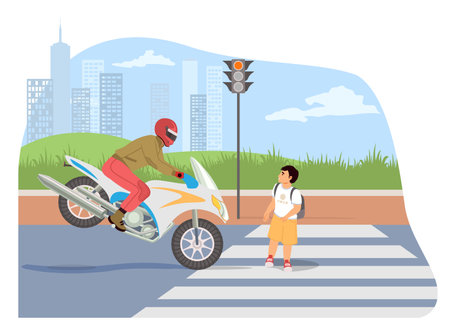 Traffic violation scene with little boy kid and motorcyclistのイラスト素材