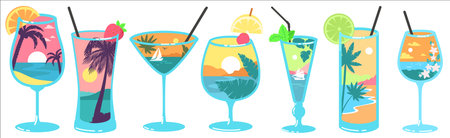 Summer cocktail drinks set with beach nature boho seamless pattern designのイラスト素材