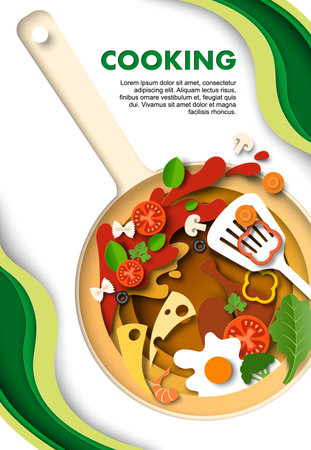 Cooking paper cut poster template with frying pan and ingredientのイラスト素材