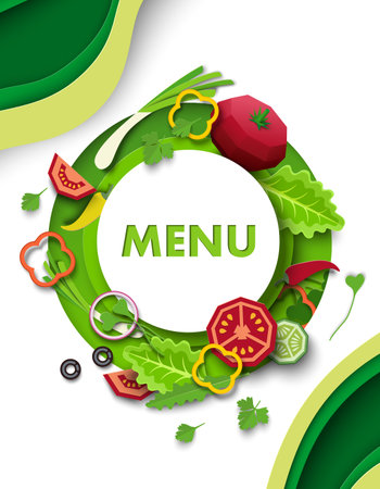 Menu poster template with paper cut sliced ingredientsのイラスト素材