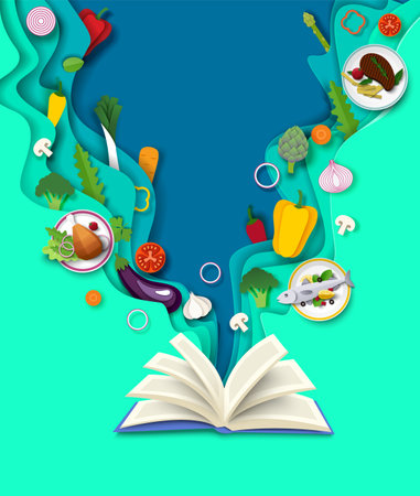 Opened cooking book with fresh sliced ingredients floating paper cut artのイラスト素材