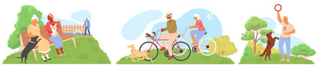 Happy elderly people characters spending time with pets outdoorsのイラスト素材