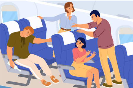 People passengers quarrelling due to drunk man in airplaneのイラスト素材