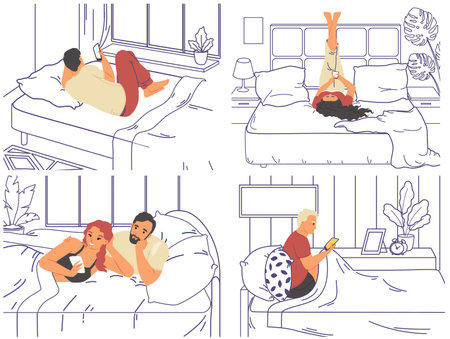 Man woman alone and couple with mobile in bed vector illustrationのイラスト素材