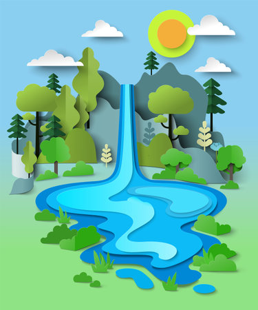 Enchanted waterfall flowing from mountain cliff landscapeのイラスト素材