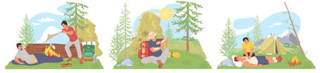 Camping travel accident and bad situation vector illustrationのイラスト素材