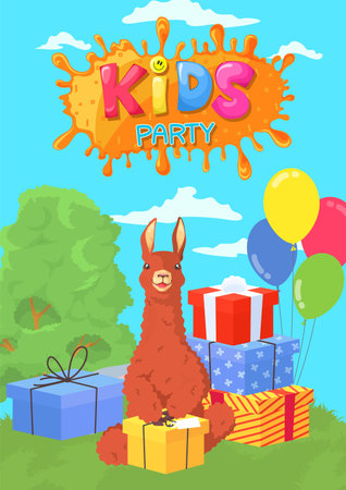 Kids party poster with lama alpaca sitting with gift boxesのイラスト素材