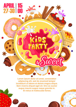 Kids party with sweets and desserts invitation posterのイラスト素材