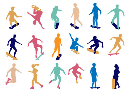 Skate rollers and skateboarders colorful silhouette setのイラスト素材