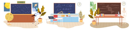 Astronomy, mathematics and biology school classroom interior setのイラスト素材