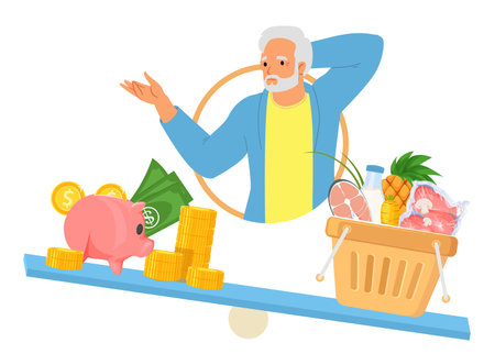 Senior man cartoon character thinking about expensive food inflationのイラスト素材