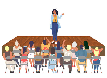 Young woman holding public speech on rural stageのイラスト素材