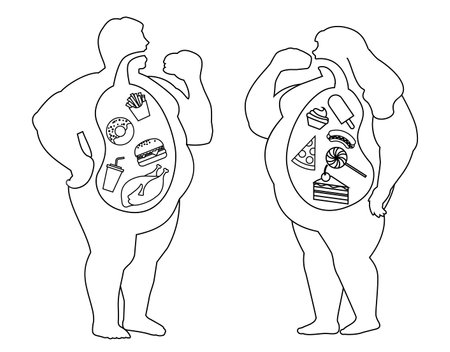 Man and woman with excess body weight outline silhouetteのイラスト素材