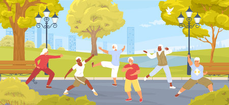 Aged people exercising tai chi Chinese gymnastic for healthy bodyのイラスト素材