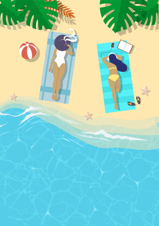 Young woman friends relaxing on beach vector illustrationのイラスト素材