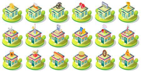 Variety of public city buildings isomeric setのイラスト素材