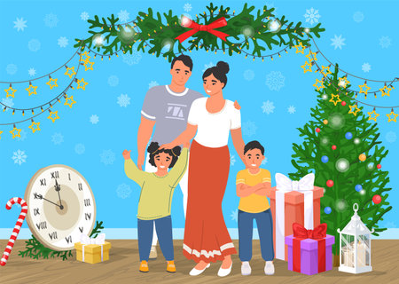 Happy family shooting New year photo in decorated studioのイラスト素材