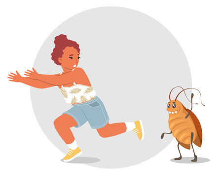 Frightened little girl child escaping cockroach vector illustrationのイラスト素材