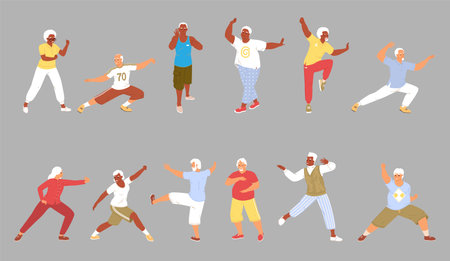 Elderly people characters practicing tai chi Chinese gymnastics setのイラスト素材