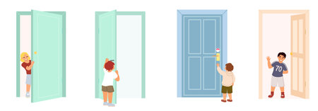 Cute small kids knocking, opening, peeking out doors setのイラスト素材