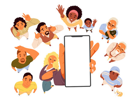 People crowd character looking up showing empty phone screenのイラスト素材