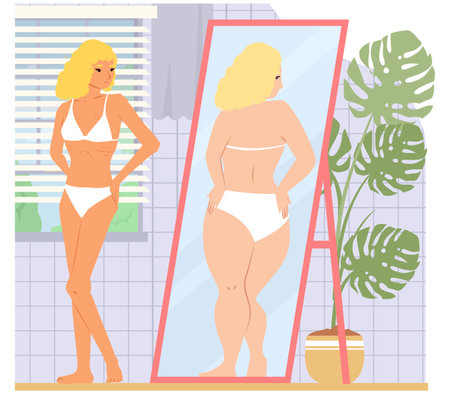Young slim woman looking at mirror reflection worrying about body shapeのイラスト素材