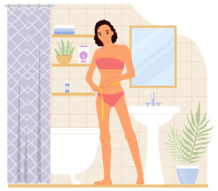Young thin woman with measuring tape suffering from anorexiaのイラスト素材
