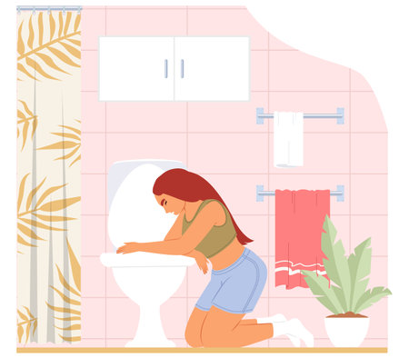 Young woman burping over toilet feeling vomiting and nauseaのイラスト素材