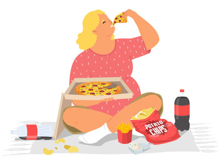 Chubby plump woman eating pizza suffering from eating disorderのイラスト素材