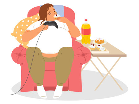 Fat teenager guy character eating calorie sweets playing computer gamesのイラスト素材