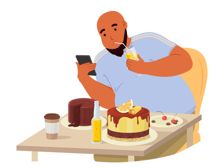 Plump man eating unhealthy sweets delicious dessert at cafeのイラスト素材