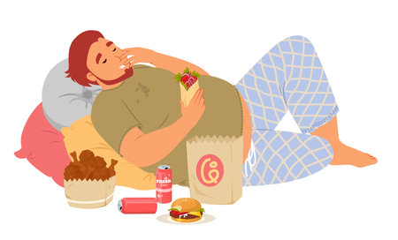 Lazy overweight man character eating junk fast food lying on pillowsのイラスト素材